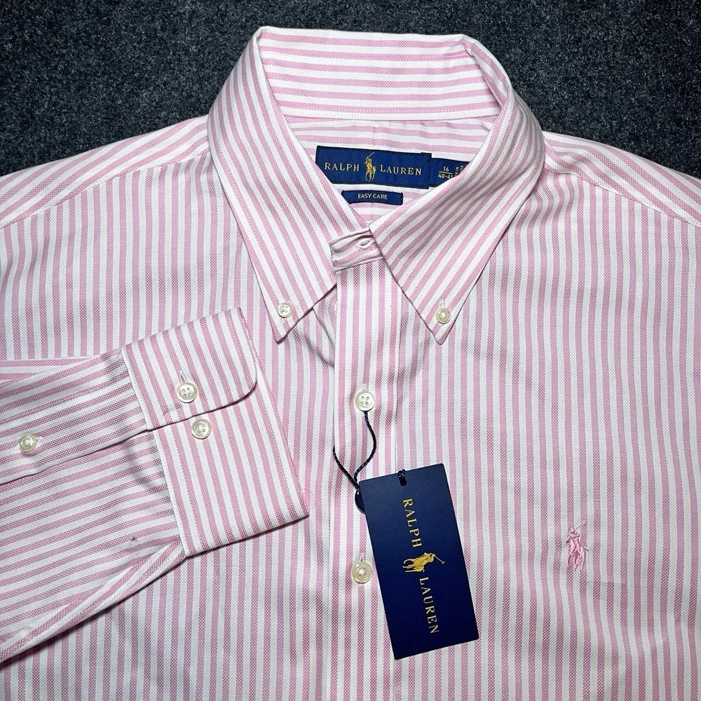 New Ralph Lauren Easy Care Pink Striped Cotton Shirt Mens L 16 40/41